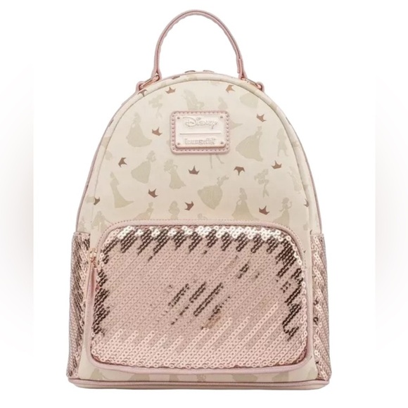 Loungefly Disney Ultimate Princess Sequin Rose Gold Mini Backpack - Picture 1 of 16